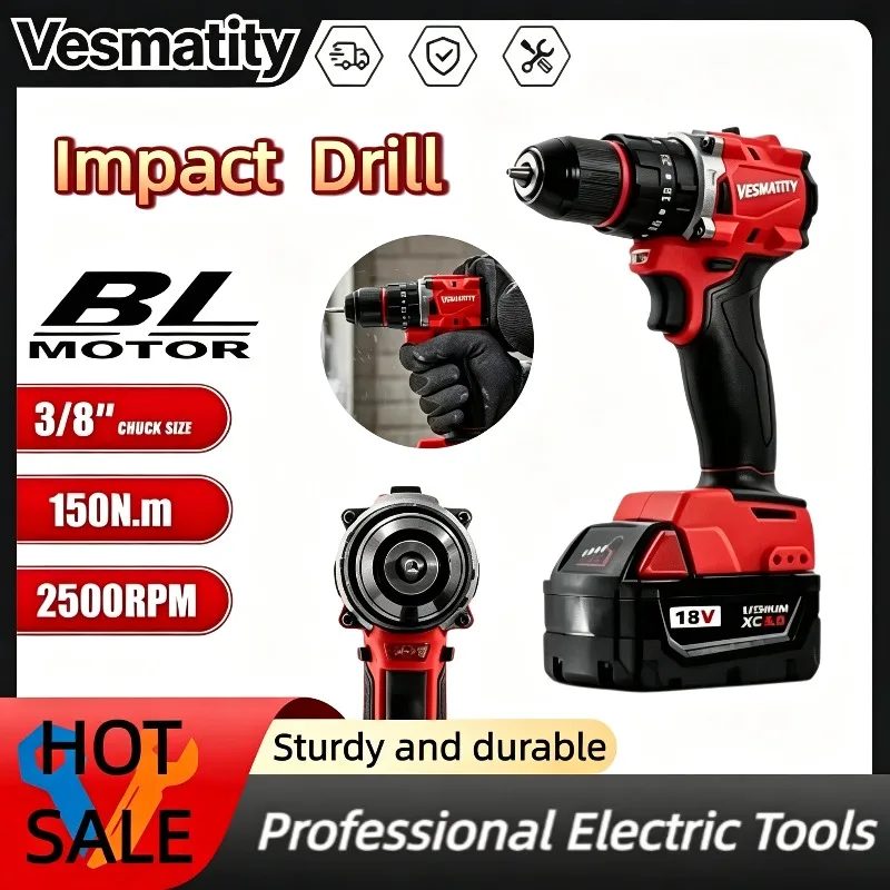Cordless Electric Drill Brushless Multifunctional Impact Drill 150N.m 20+3 Torque Small Drill Hammer for Milwaukee Battery