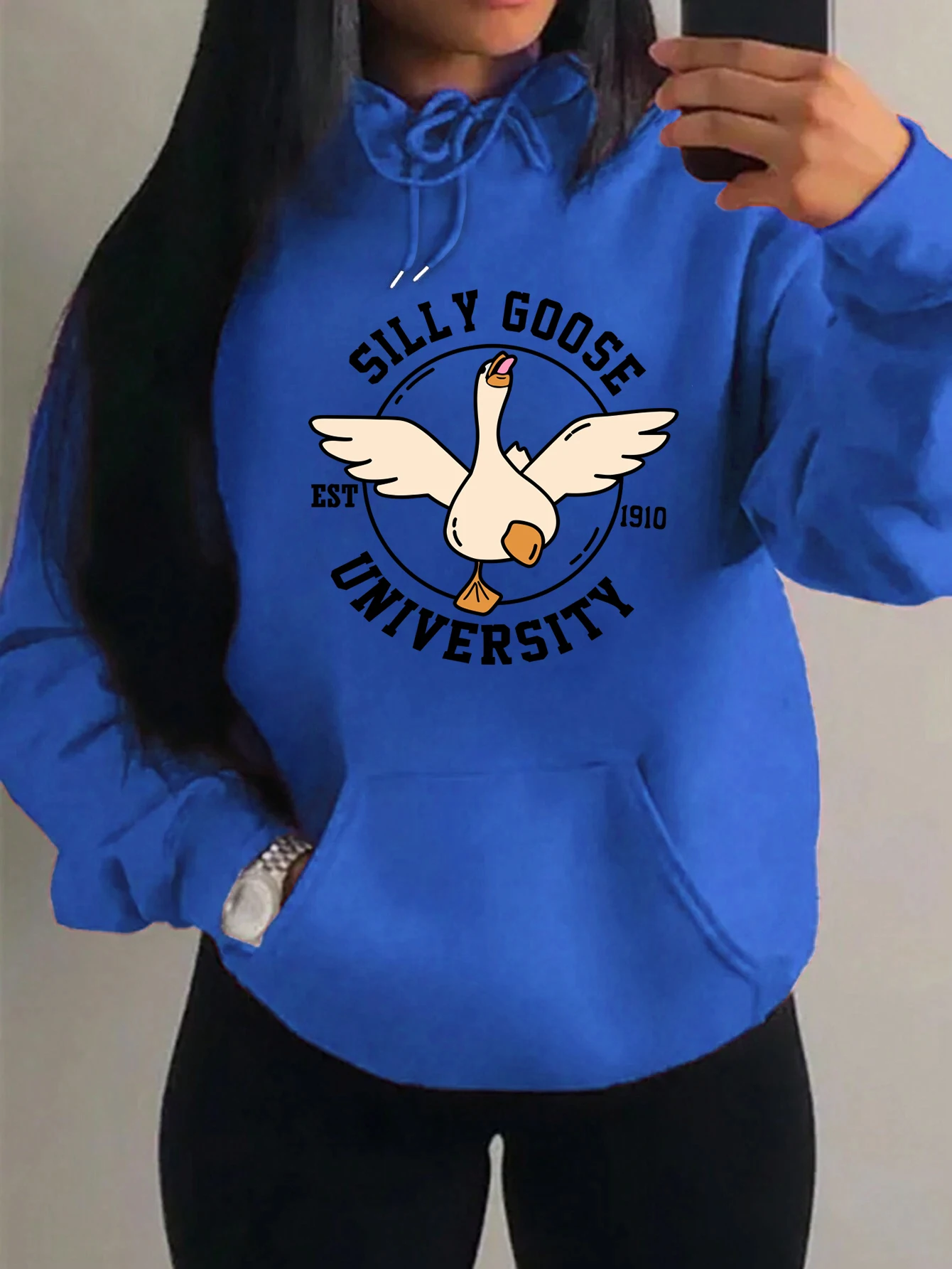 Silly Goose Happy Cartoon Printed Hoodies Female Y2K Fashion Pullovers Fleece Multicolor Hoody Autumn Oversized  Womenswear