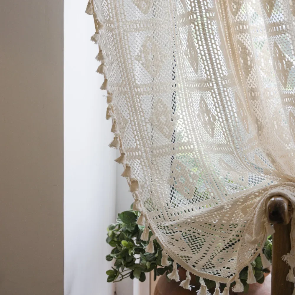 Boho Crochet Curtains For Bedroom Cafe Curtains,Vintage Farmhouse Lace Sheer Tassel Curtains Short Kitchen Bathroom Curtains