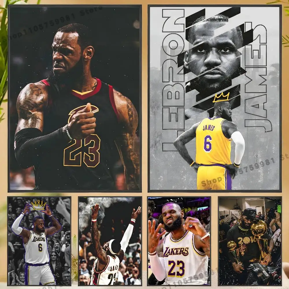 L-LeBron J-James Basketball Poster Sticker Classic Art Painting for Home Bedroom Cafe Office Wall Decor