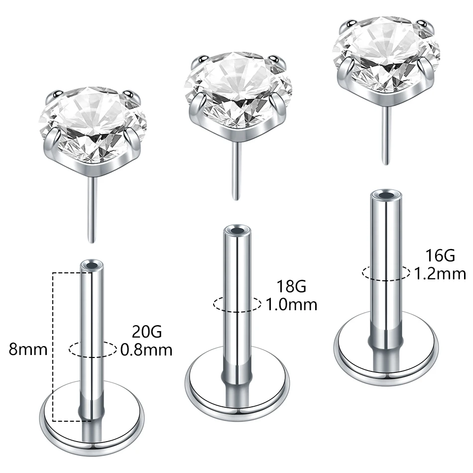 1/5pcs Stainless Steel Threadless Push-in Labret Piercing 2/2.5/3/4/5/6mm Zircon Stud Earring Cartilage Piercing Body Jewelry