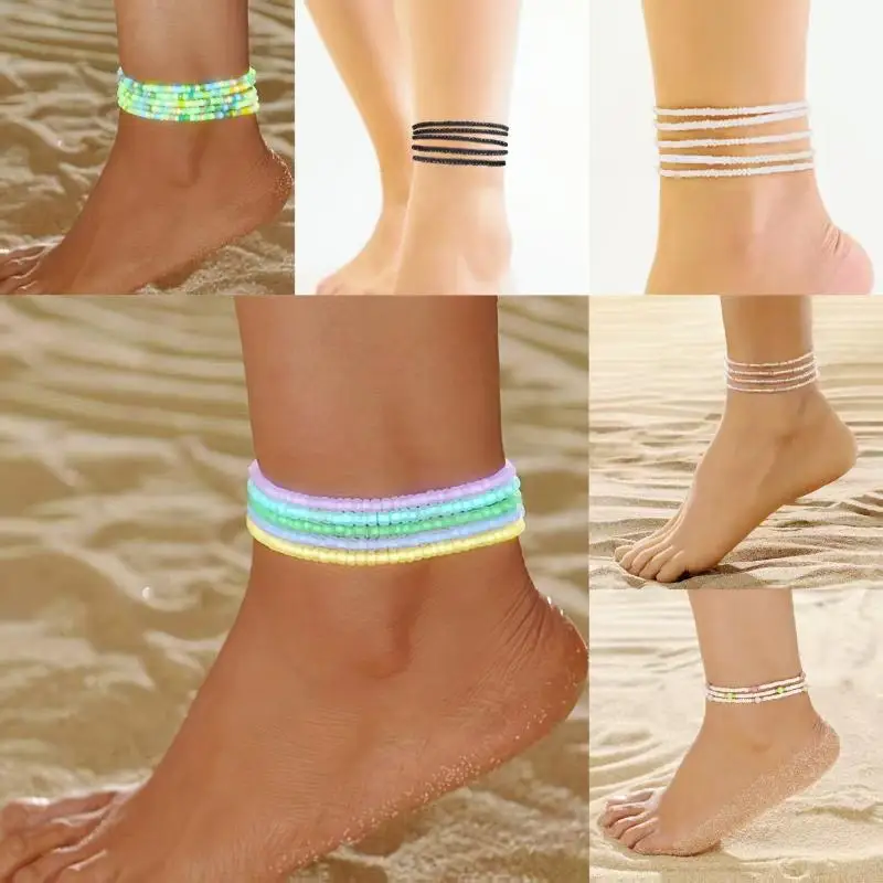 1 مجموعة مضيئة قوس قزح الاكريليك خلخال مجموعات للنساء الأرز الخرز سلسلة الكاحل سوار مطاطا حبل الشاطئ القدم اكسسوارات