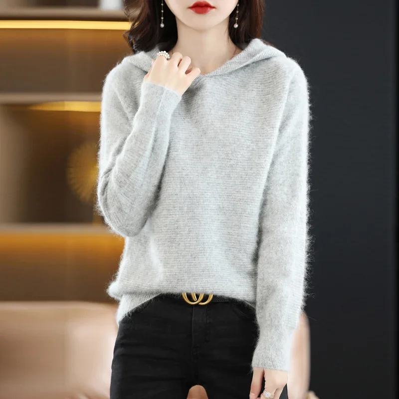 New hoodies in autumn and winter women's 100% mink cashmere sweater fashion sweater hooded knit pullover bottoming shirt