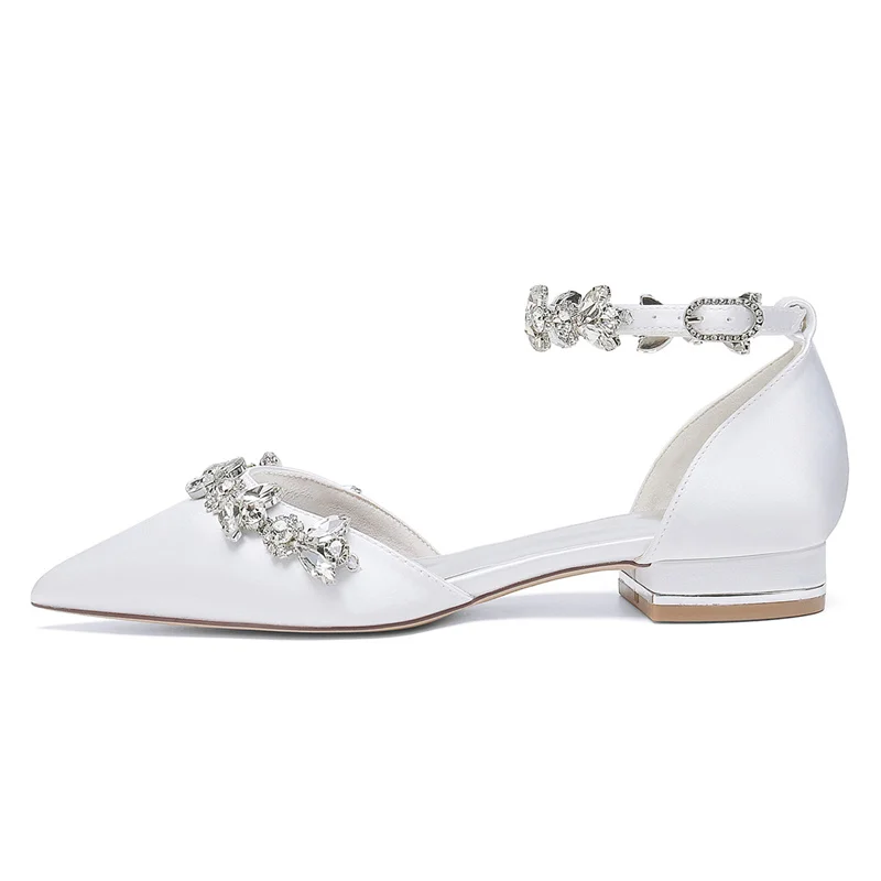 Satin Rhinestones Wedding Flats Shoes for Bride Pointed Toe Ankle Buckle Strap Women Bridal Flat Sandals