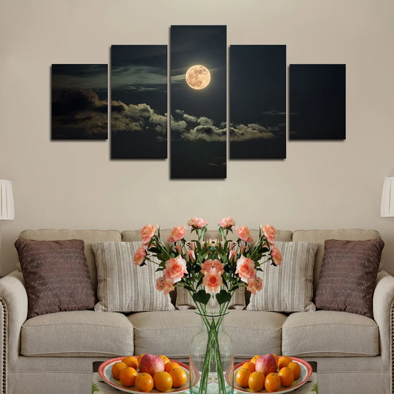 

Printed Modular Picture Canvas Painting Gold Sun Cloud and Sky Landscape Poster Wall Art Living Room Home Decor Artwork 5 Pcs