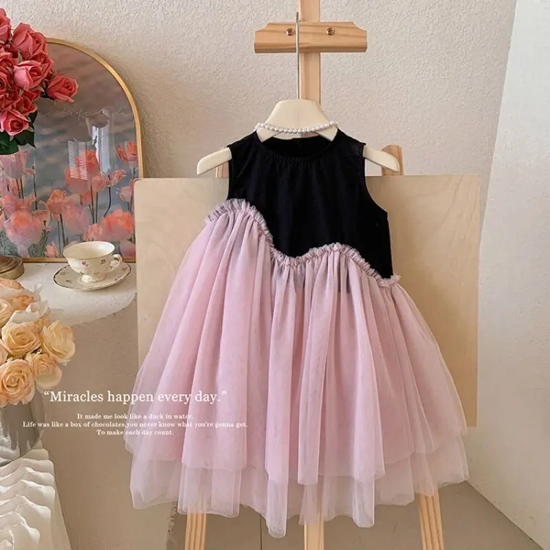 

2025 Summer Girls' Tank Top Dress New Style Children's Baby Stylish Contrast Color Splicing Mesh Princess Dress