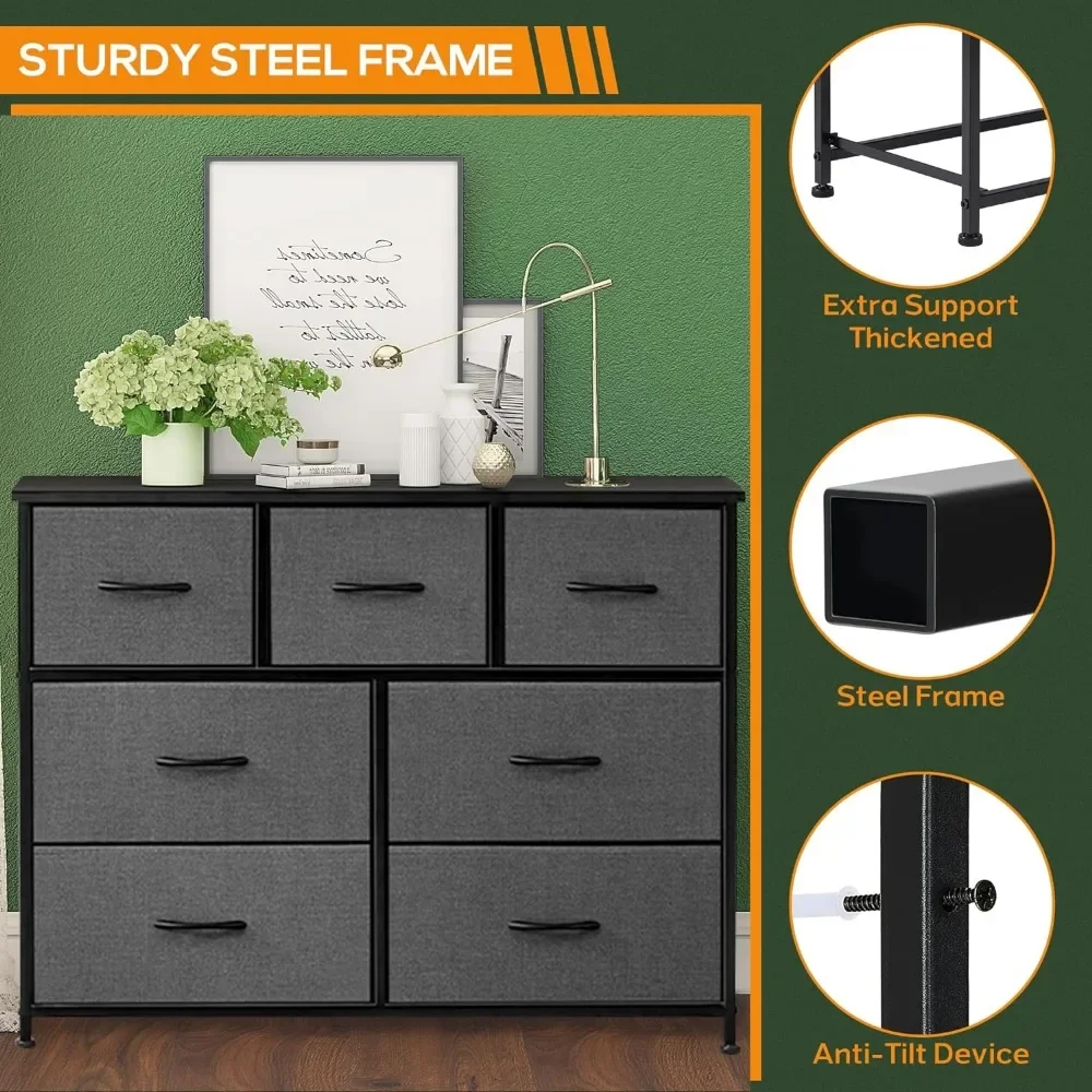 Dresser for Bedroom, 7 Storage Drawers, Wide Fabric Closet Chests Organizer Tower Furniture, TV Stand for TV up to 45 inch