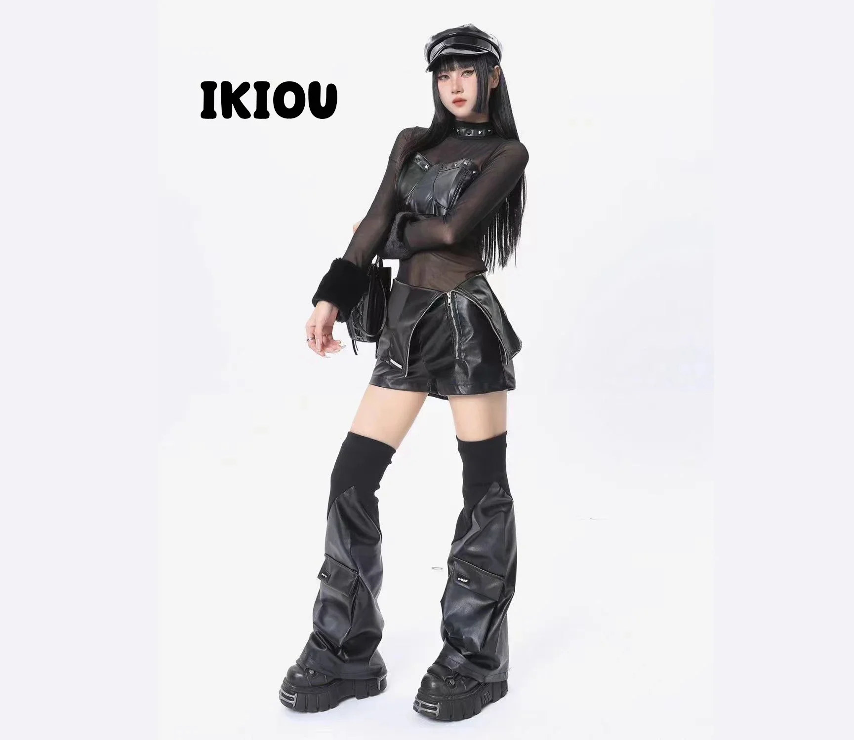 IKIOU Y2K Leg Warmers, Gothic Style Thread-Crack Leather Socks for Women, Spliced with Unique Design and 3D Pocket Boots Cover