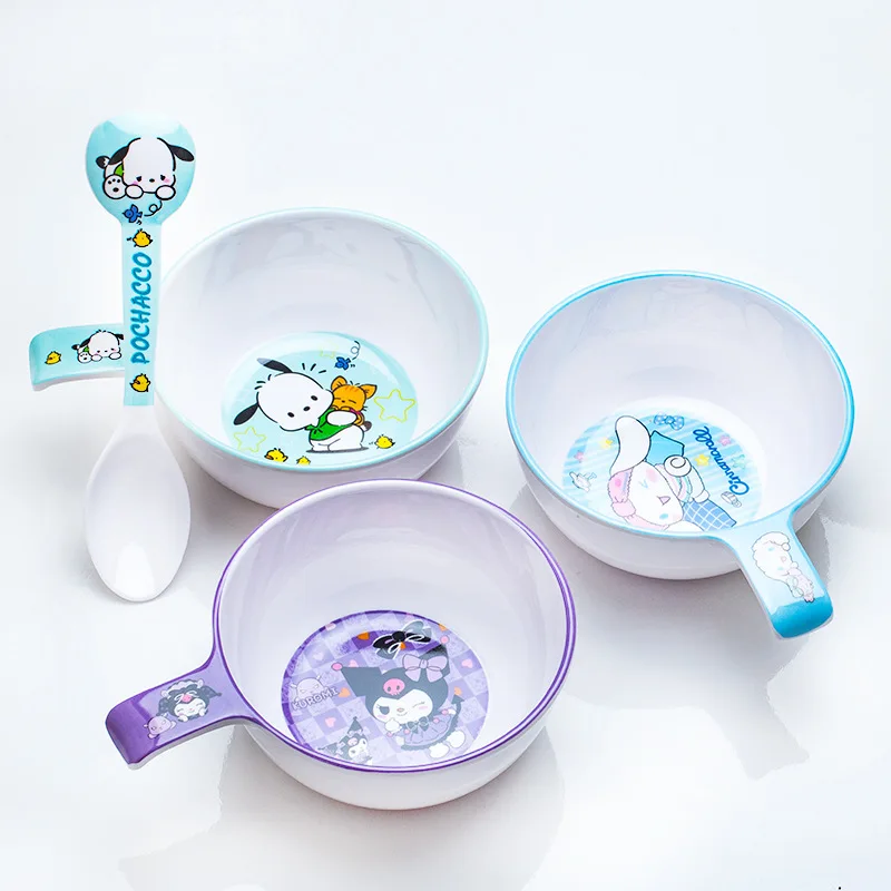 

Sanrio Tableware Hello Kitty Kuromi Cartoon Household Child Anti-Fall Heat-Proof Student Instant Noodles Handle Bowl Spoon New