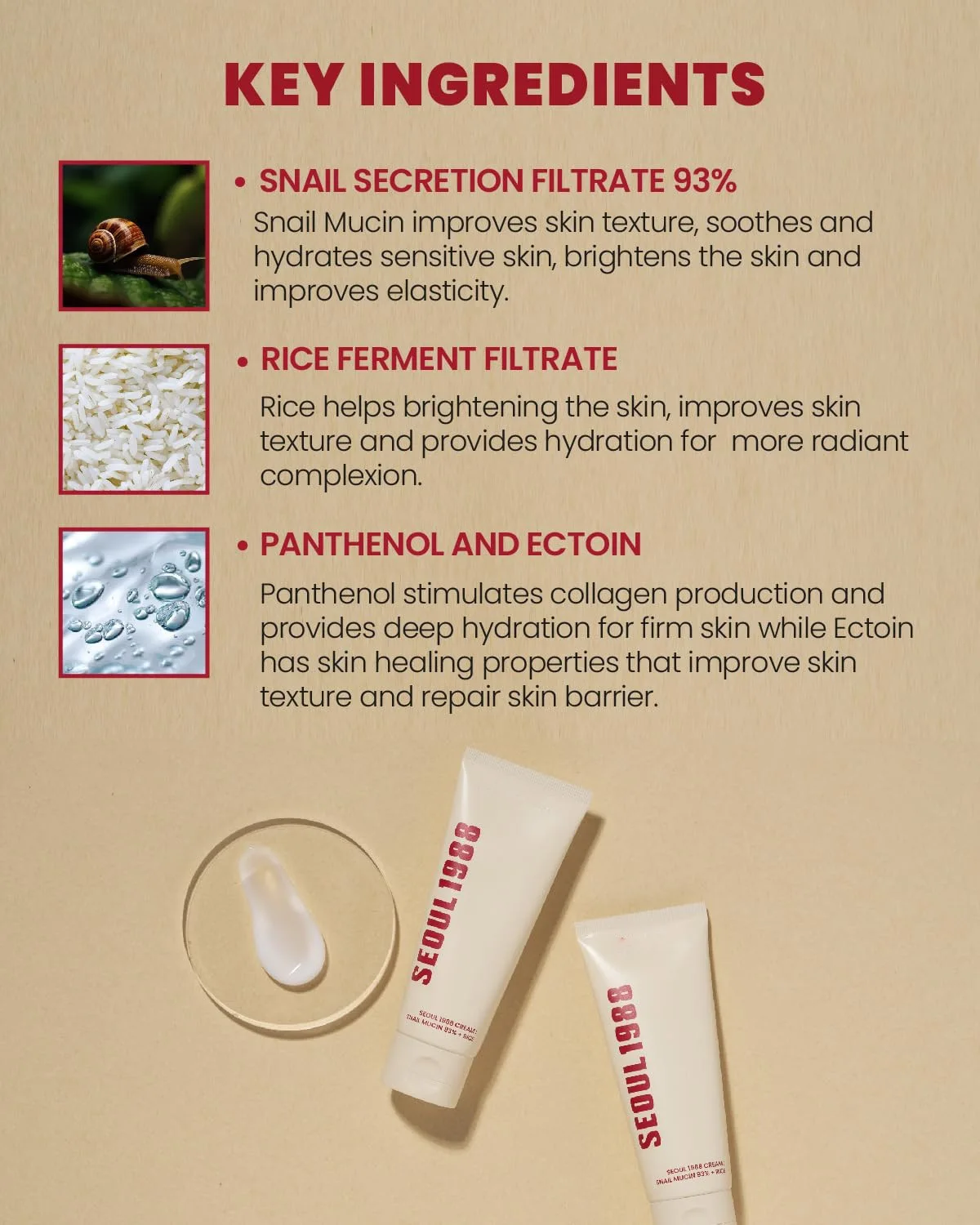 SEOUL 1988 クリーム : カタツムリムチン 93% + 米、100ml/3.38fl.oz。