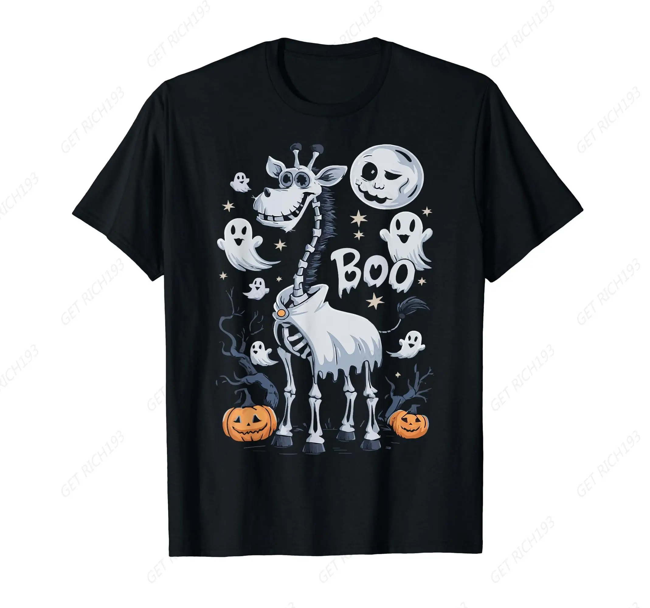 

Scary Skeleton Giraffe In Ghosts Halloween T-Shirt Cotton Short Sleeve Animal Zoo Gothic Moon Boo Pumpkin Tee