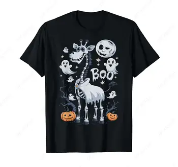 綿の半袖Tシャツ,怖い骨格,幽霊のキリン,ハロウィーン動物園,ゴシックムーン,ブー,カボチャ