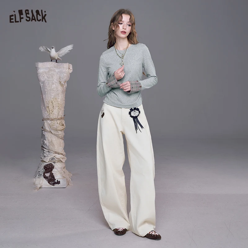 

ELFSACK 2025 Autumn New Arrivals Casual Fake Two Piece Patch Waist Tie Plaid Cuff Slim Long Sleeve T-Shirt For Woman