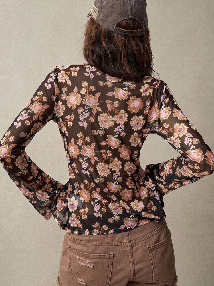 Nueva moda, blusa de gasa con estampado Floral para mujer, camisas de manga larga con una hilera de botones para mujer, Tops ajustados con cuello en V para mujer