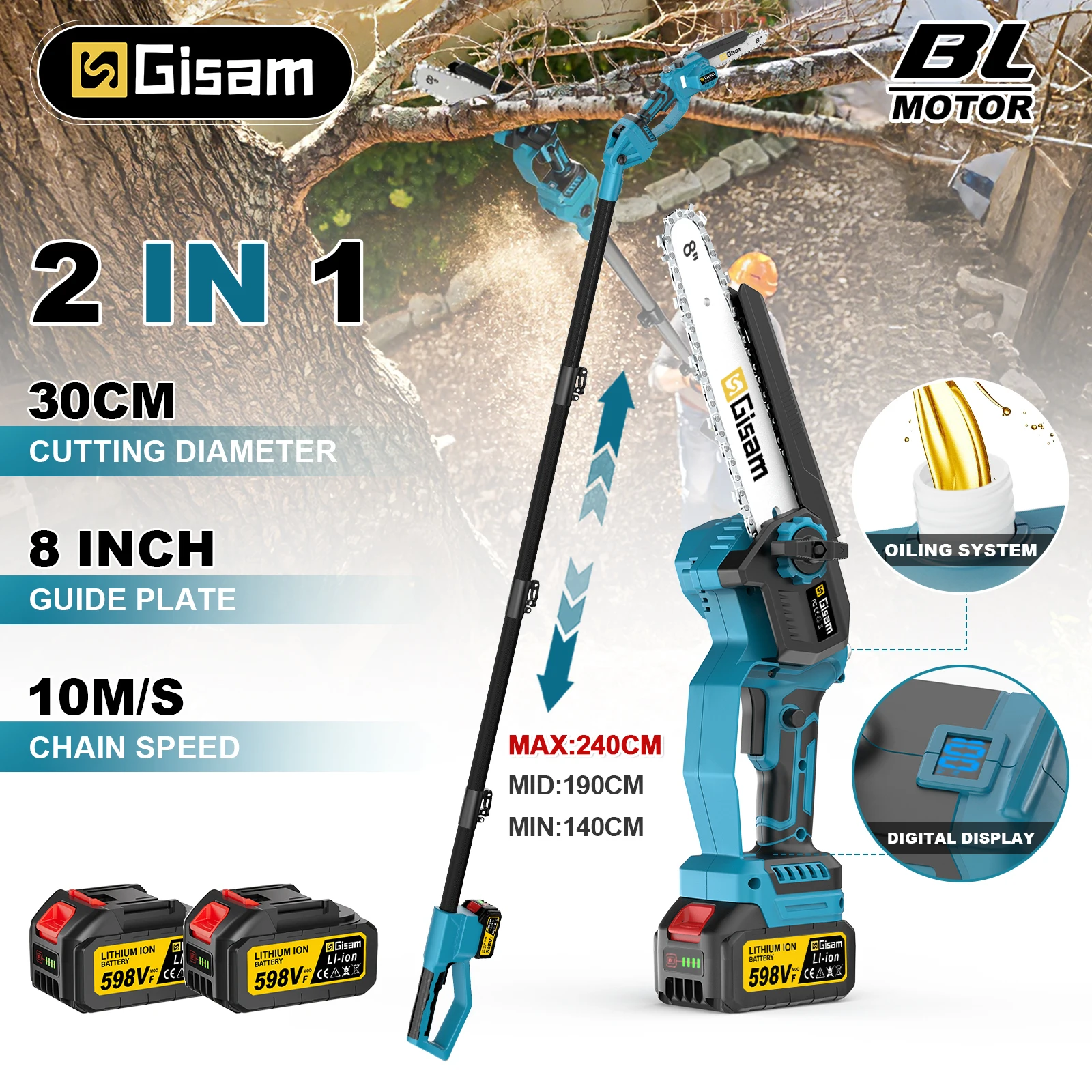 Scie à chaîne électrique télescopique sans balais Gisam 8 pouces 4500W, outil de jardinage pour l'élagage des hautes branches, des bonsaïs et des arbres fruitiers, compatible avec la batterie Makita 18V.
