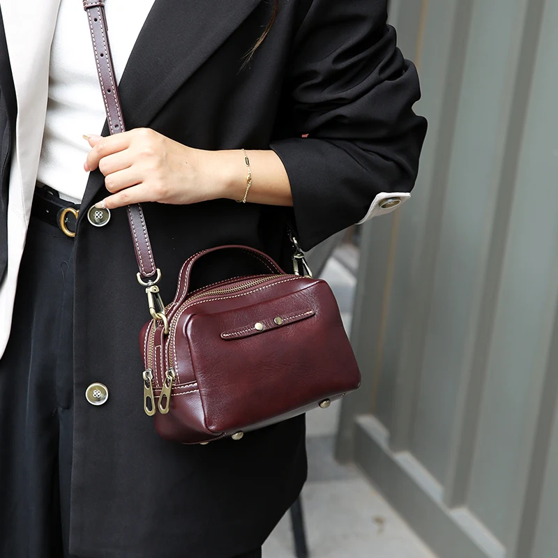 

Women Cow Genuine Leather Crossbody Bag Female Double Zipper Messenger Bags Lady Retro Urban Minimalism Fashion Shoulder Handbag