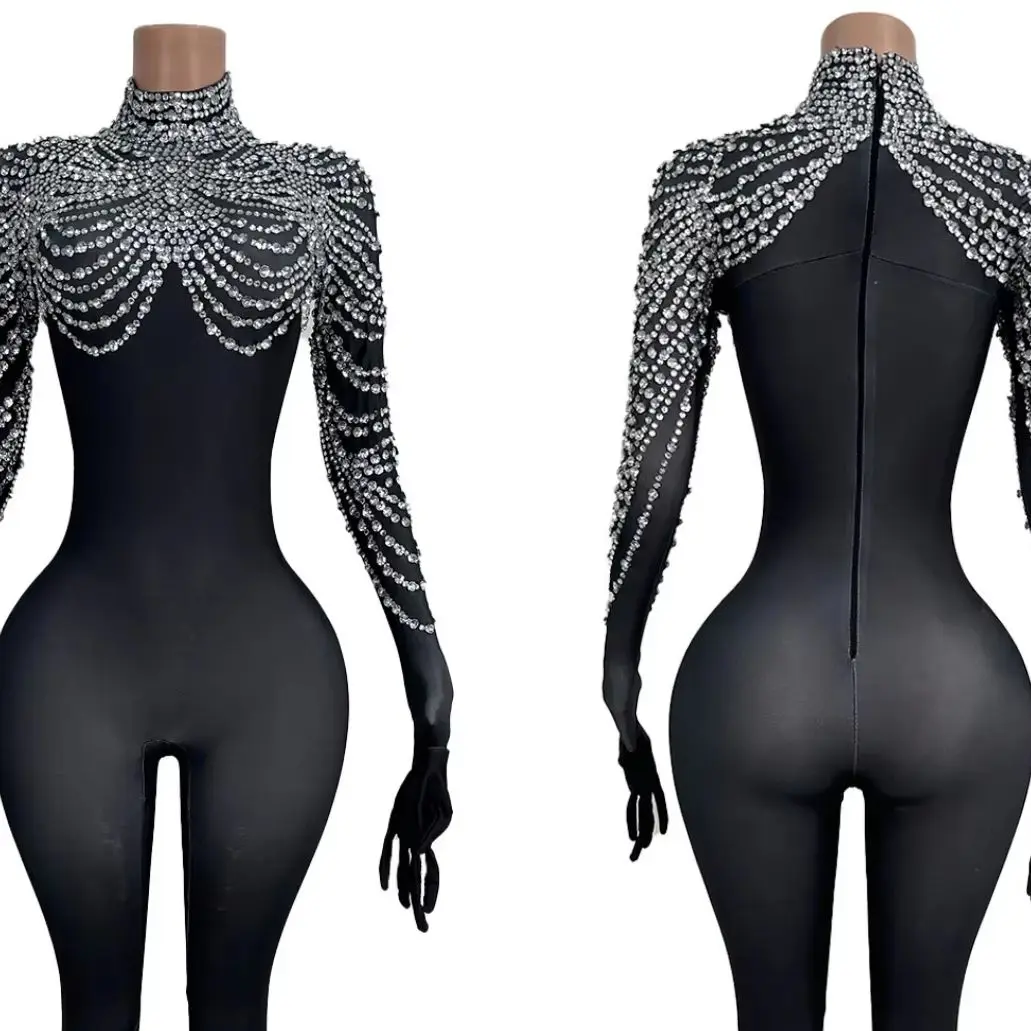 Halloween Sparkly Rhinestones Jumpsuit Full Gloves Women Club Party Dancer Singer Stage Show Wear Tight Fitting Jumpsuit Pijian