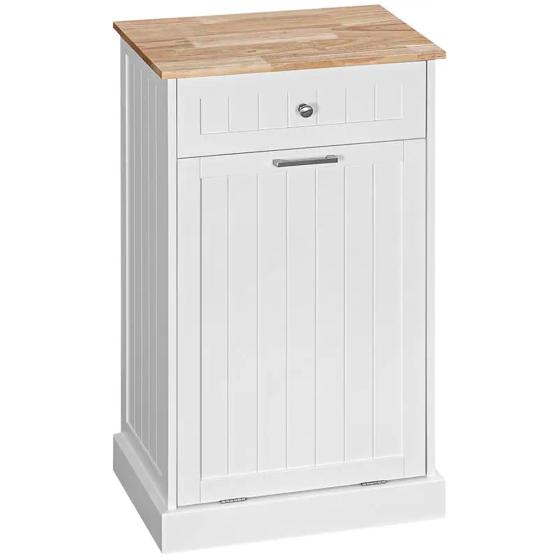 

Kitchen Tilt Out Trash Bin Cabinet Free Standing Recycling Cabinet Trash Can Holder With Drawer, White