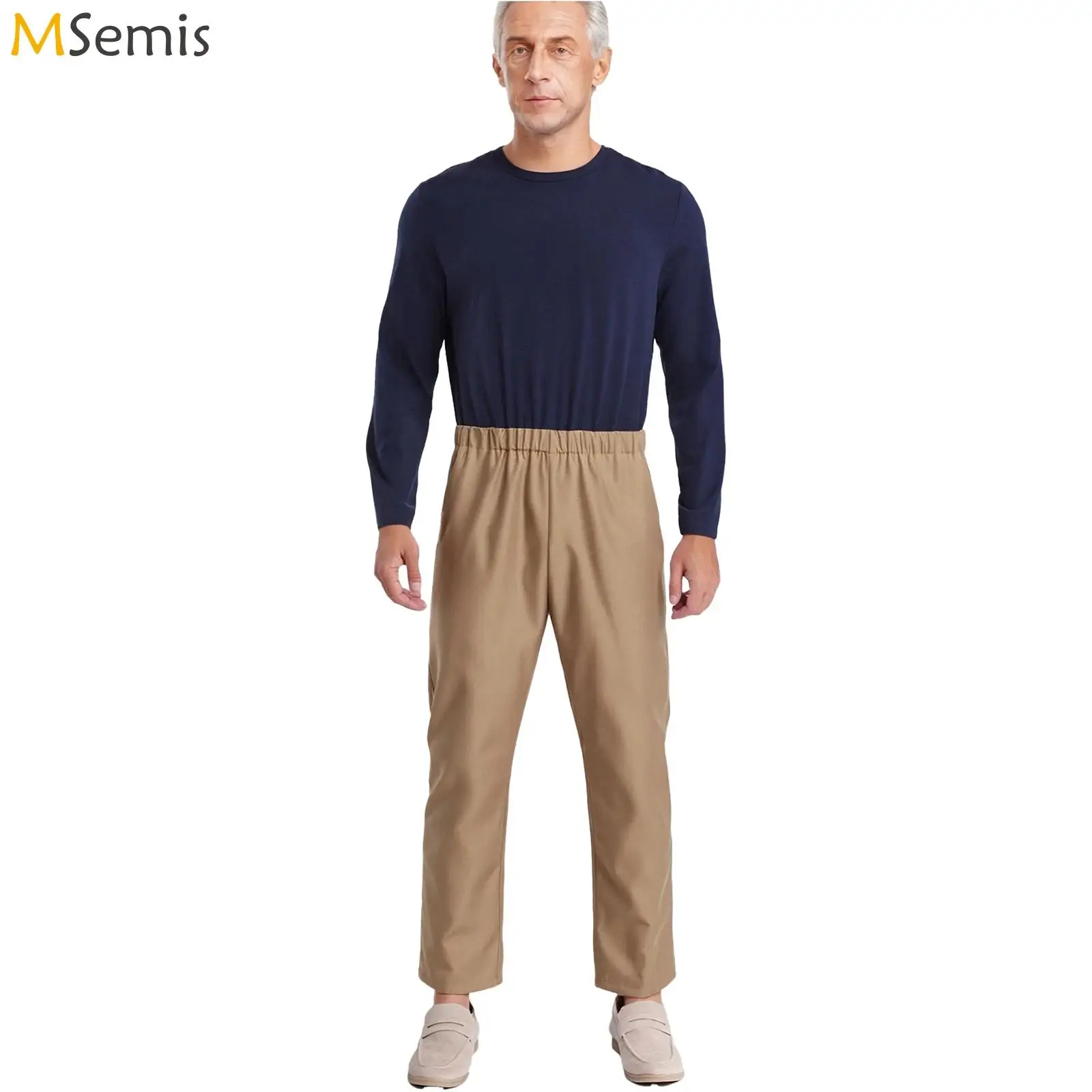 

Men Alzheimer Adaptive Clothing Round Neck Half Sleeve Elastic Waist Back Invisible Zipper Jumpsuit with Flap Pocket Clubwear