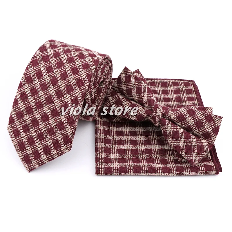 Fashion Plaid Striped Cotton 7cm Tie Set Bowtie Hanky Red Brown Khaki Young Men Wedding Party Leisure Suit Cravat Gift Accessory