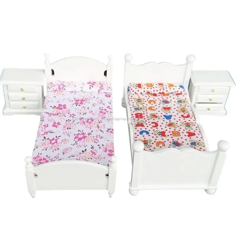 طقم سرير خشبي ومنضدة مقاس 1/12 أثاث مصغر لبيت الدمية للأطفال التظاهر باللعب والعرض القابل للجمع #1