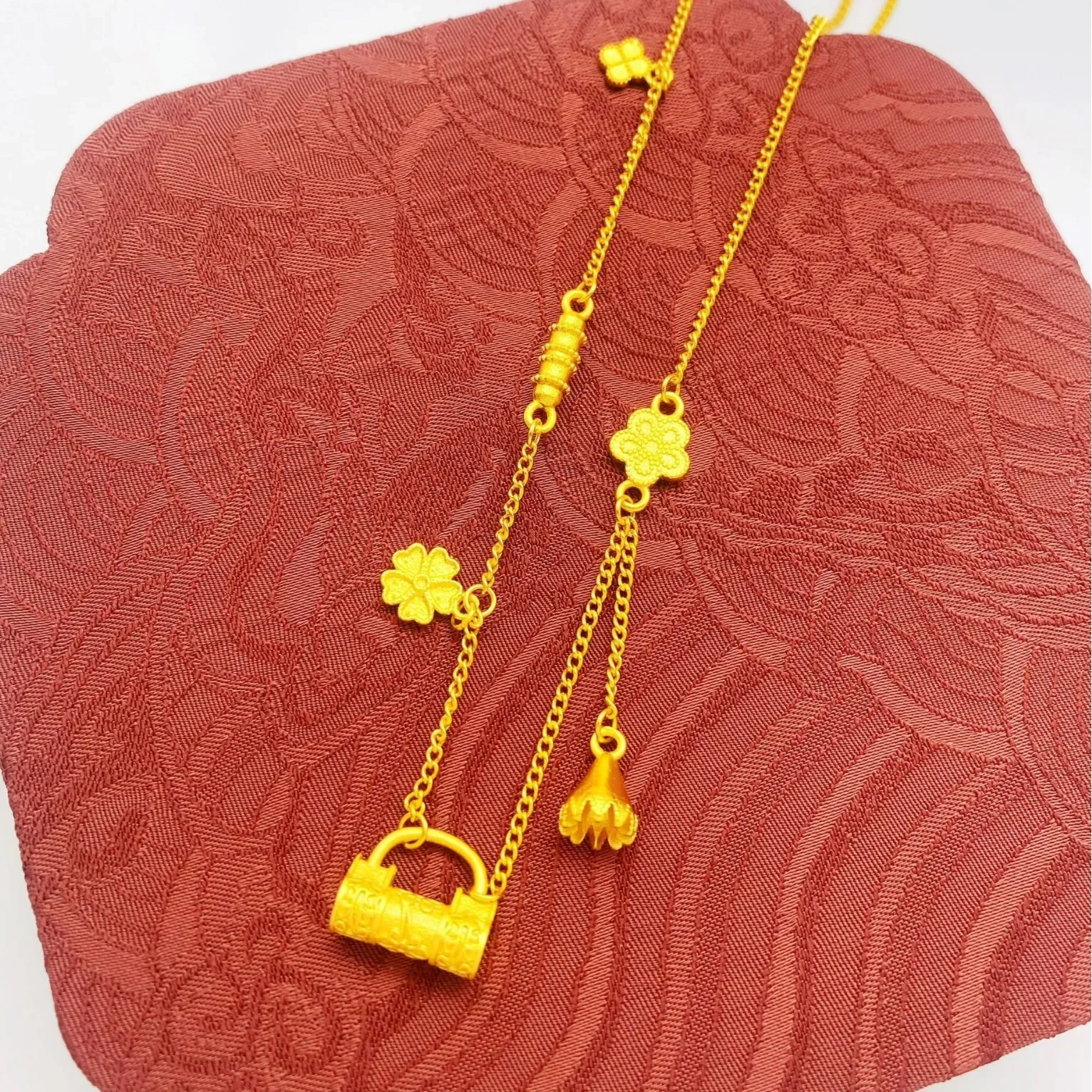 

24K Real Gold Flowery Clover Tassel Safe Lock Bag Necklace, Pure Gold Versatile Fruit Abundant Set Chain for Girlfriend Gift