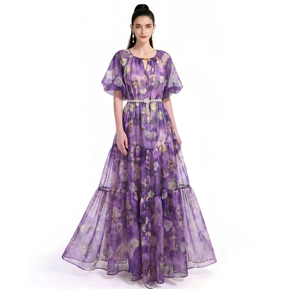 

Romantic Purple Flower Tiered Maxi Dress, Women's Loose Flowy Long Gown with Beaded Belt for Evening Events