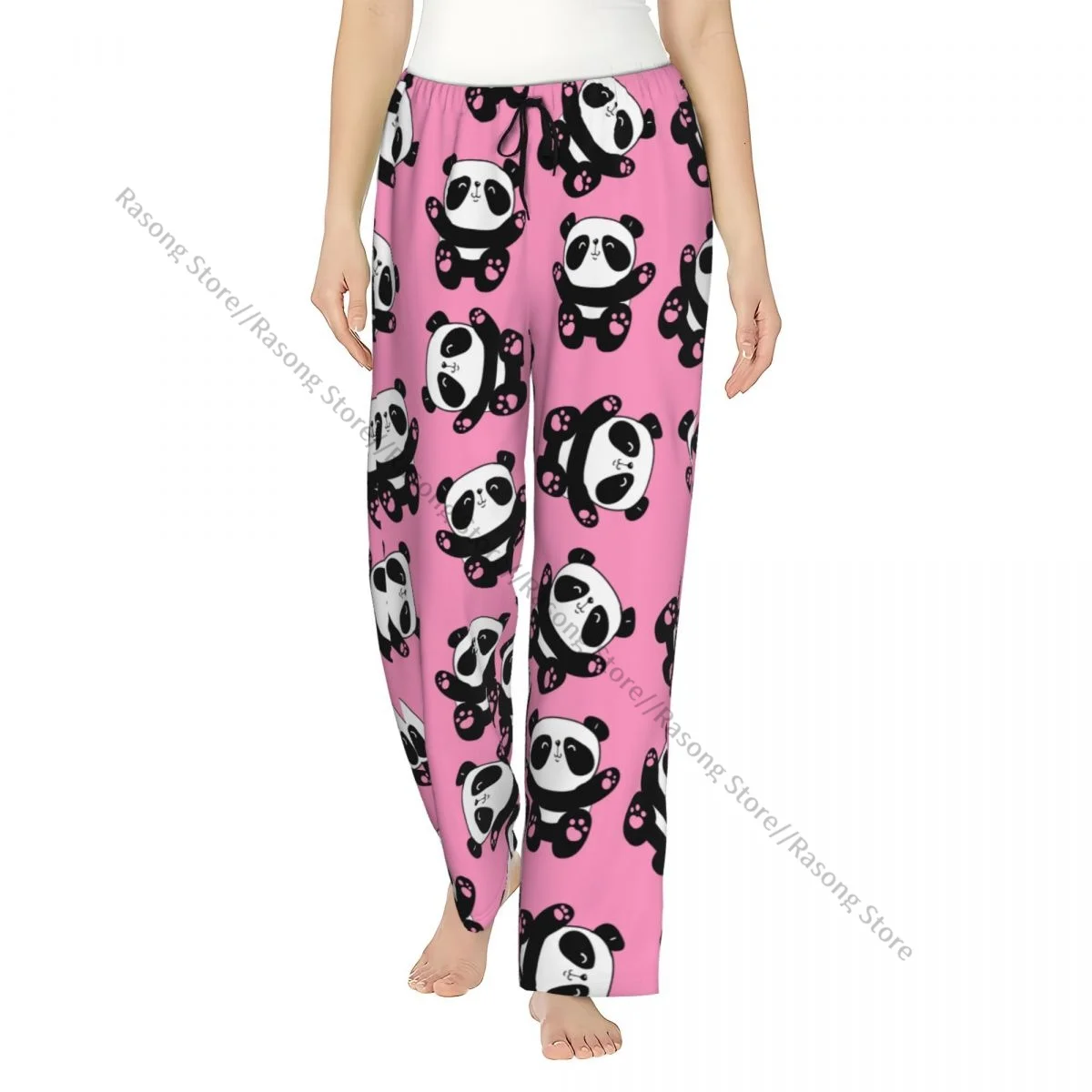 Women Long Pajama Pants Cute Panda Illustration Lounge Trousers Casual Sleep Bottoms with Pockets