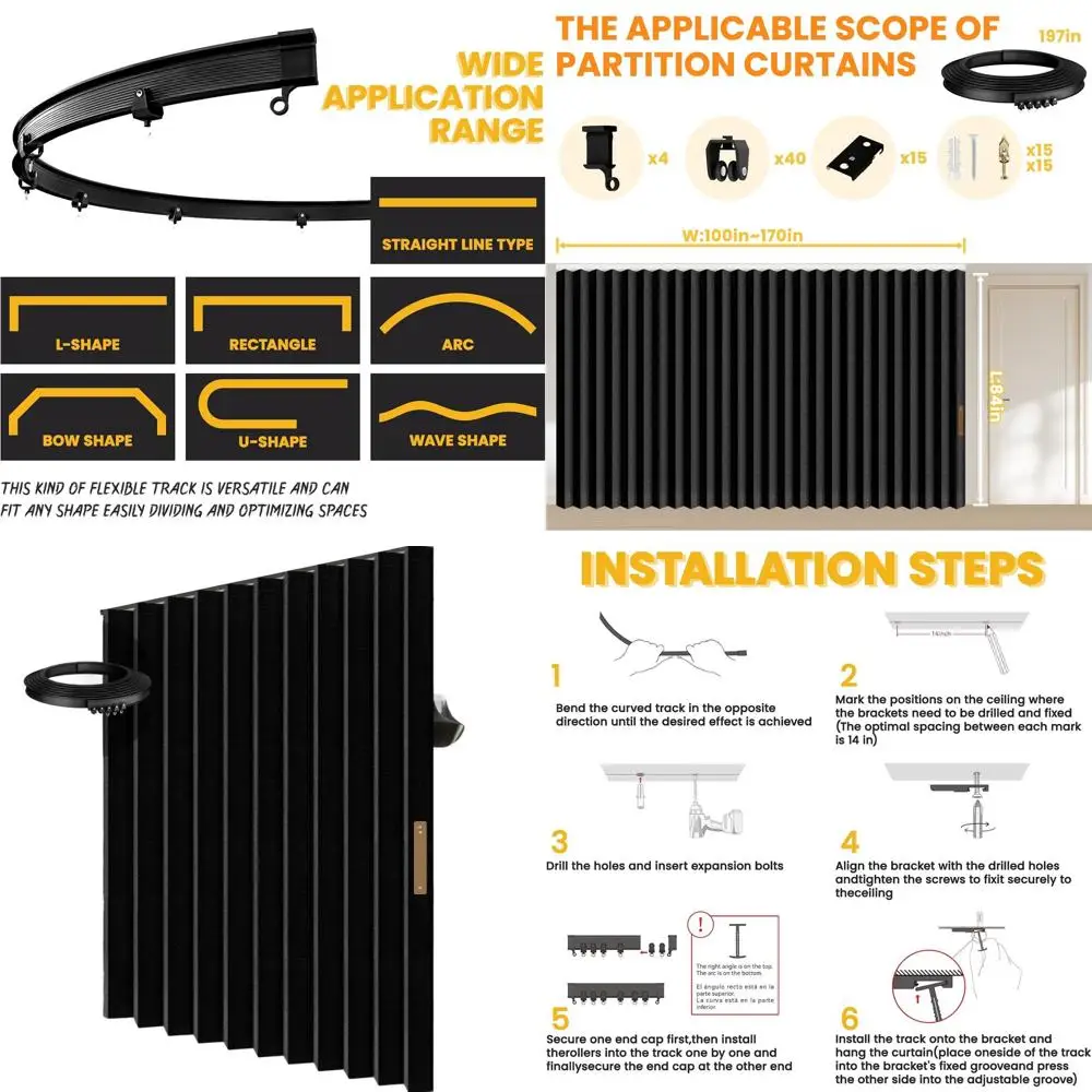 

Blackout Privacy Soundproof Accordion Room Divider Curtains with Ceiling Track - Bedroom Patio Door, Black, 180 x 84