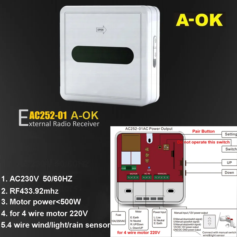 A-OK AC252-01 External Radio Receiver for 4 Wire AC230V Motor/4 Wire Wind Light Rain Sensor, AC230V 50Hz, for Garage/Awning/Blin