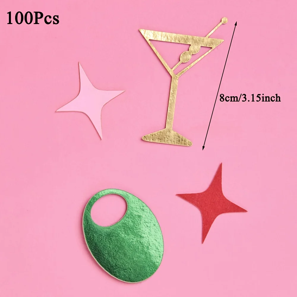 100 Stück Martini- und Oliven-Konfetti – goldgrüne Cocktail-Party-Dekorationen mit Martini-Gläsern, Oliven, Sternen – elegante Tischdekoration – Detail 4