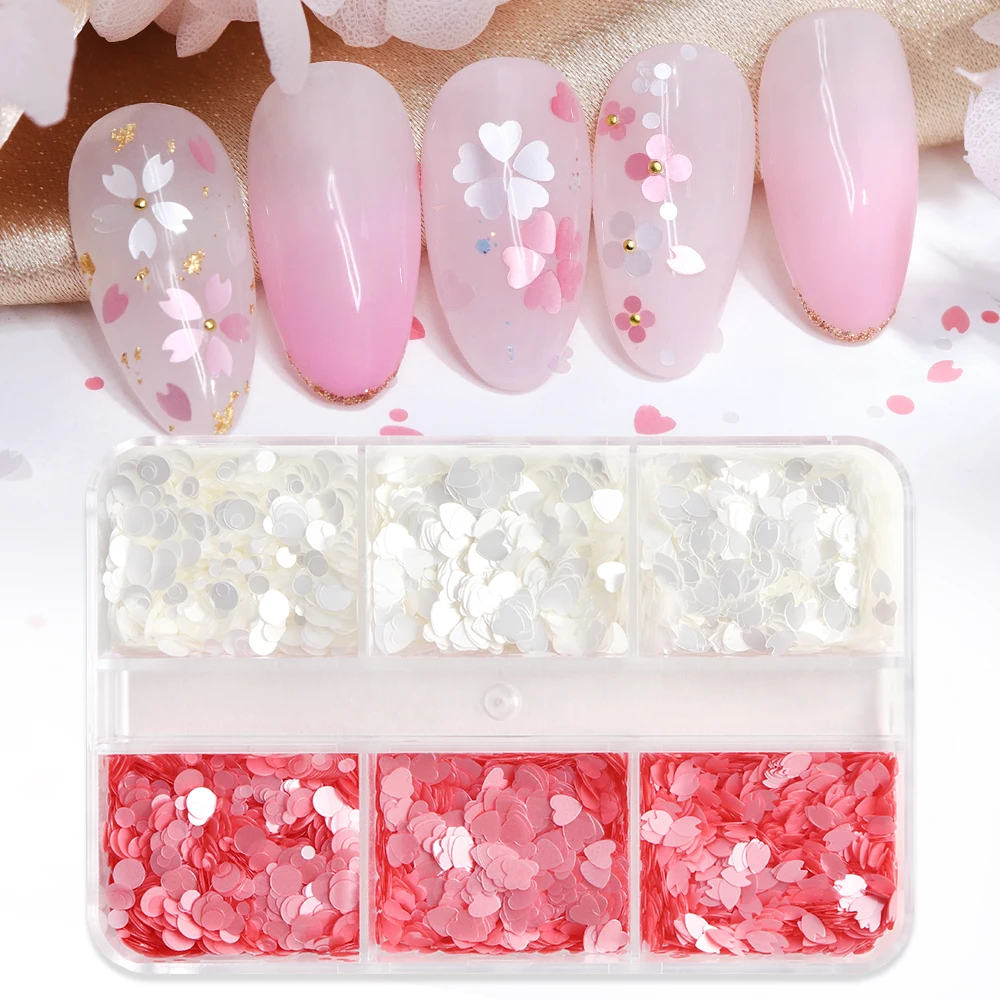 Pink White Nails Art Sequins Accessories Ultrathin Sakura Petal Round Hearts Flakes Spring Summer DIY Manicure Decals Decoration