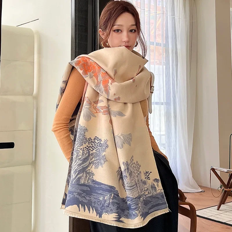 New Luxury Fashion Floral Thick Blanket Winter Warm Scarf for Women Cashmere Shawl Wraps Pashmina Scarf Stoles Bufanda Female