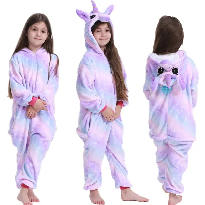 2 4 6 8 9 10 12 Years Girls Purple Pink Jumpsuits Unicorn Pajamas Kigurumi Toddler Kids Hooded Flannel Home Wear Children Onesie