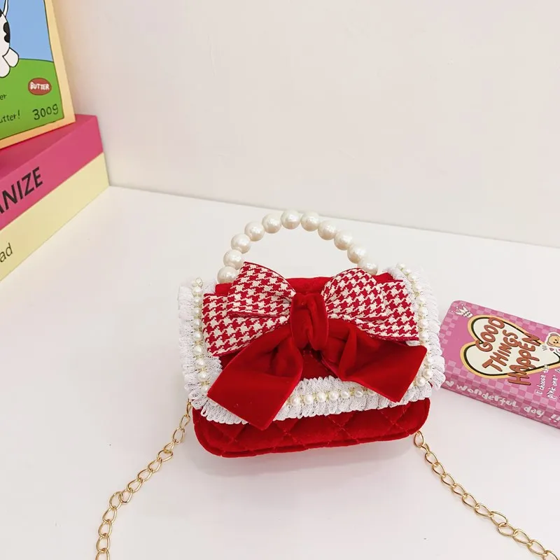 Alta luxo graça vermelho bebê menina princesa bolsa 3d boneca pérola arco presentes de ano novo para crianças turista jardim de infância crossbody saco