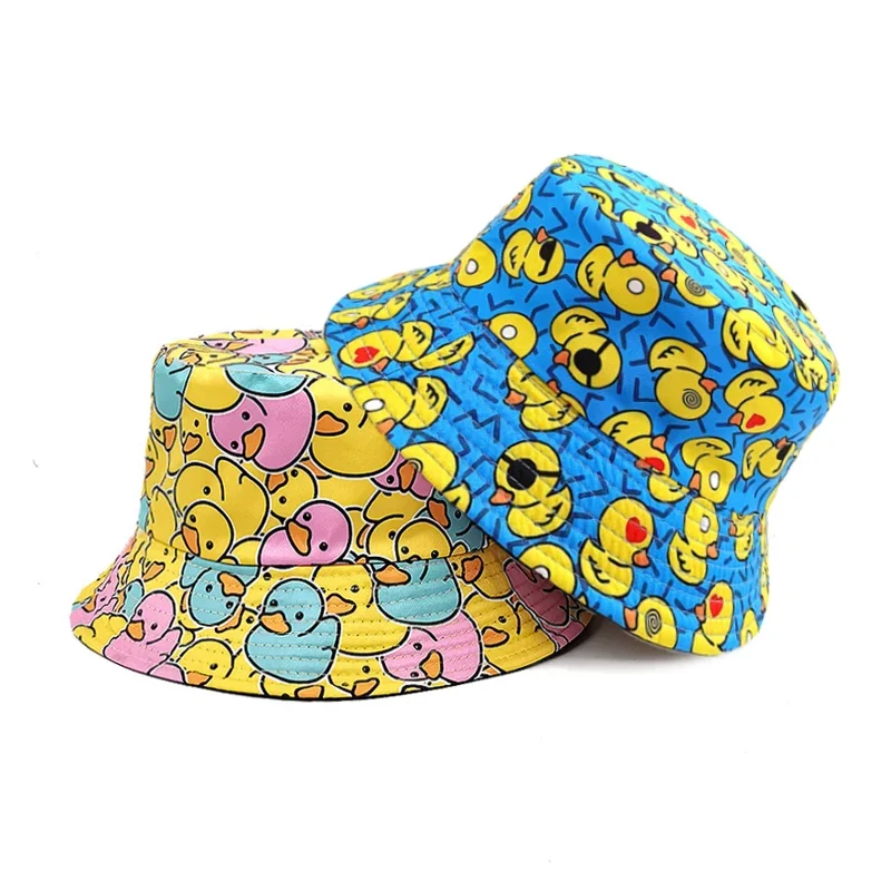 Amber Cartoon Duck Bucket Hat Cute Printing Fisherman Hats For Men Women Double Sides Panama Cap 58cm Summer Outdoor Sun Caps