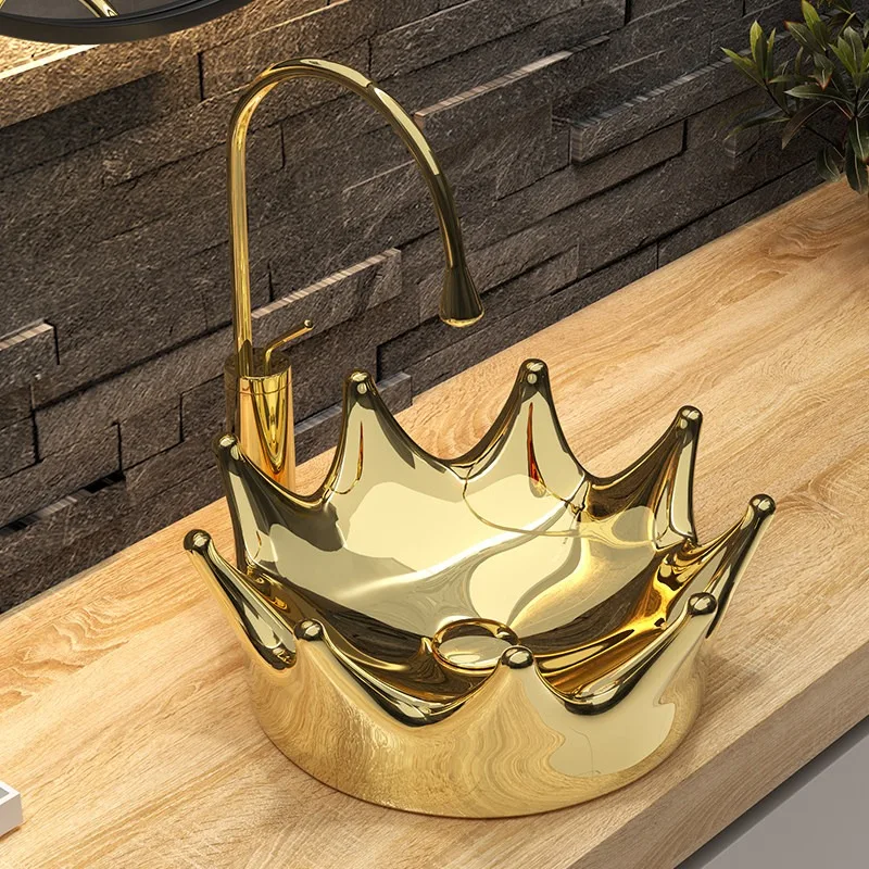 

Creative crown European wash basin KTV beauty club gold ceramic wash balcony wash round black basin