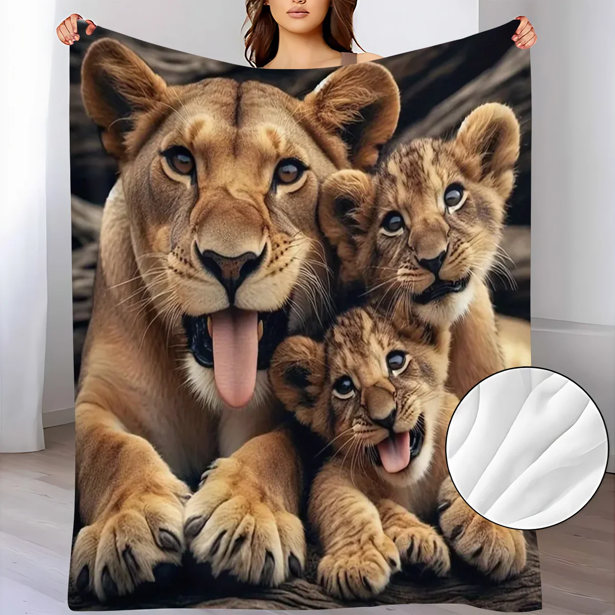 1 Lion Family Affection Pattern Flannel Blanket, Air Conditioning Blanket, Dormitory/Office Nap Blanket, Printed Blanket, Flanne