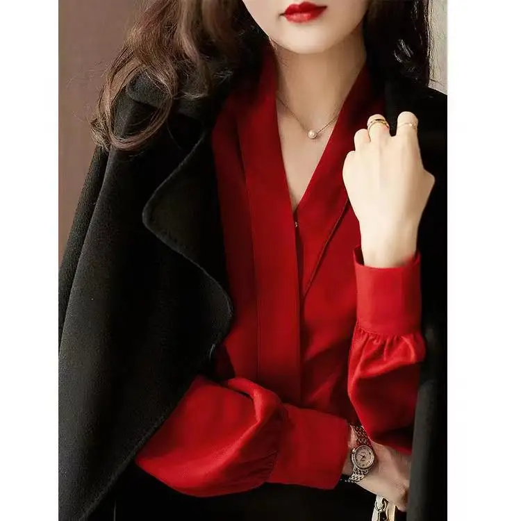 Red Blouse Women Plus Size Loose Office Shirt Long Sleeve Simple V Neck Tops Korean Blouses OL