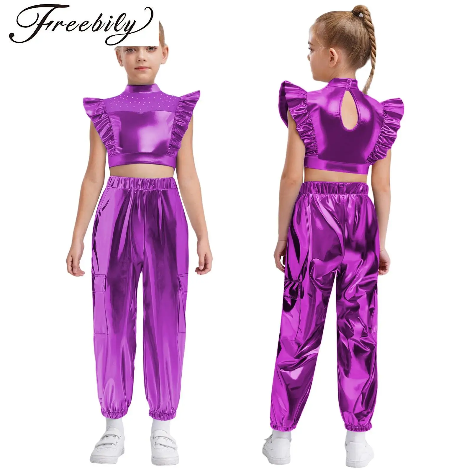 

Girls Jazz Hip Hop Dance Costume Shiny Metallic Suit Ruffle Sleeve Crop Top And Pants Outfits For Dancewear Stage Performance