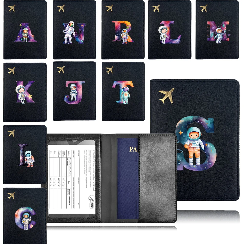 Pu Passport Cover Airplane Travel Passport Case Pocket Business Passport Clip Bank Card Organizer Cover Astronaut Letter Pattern