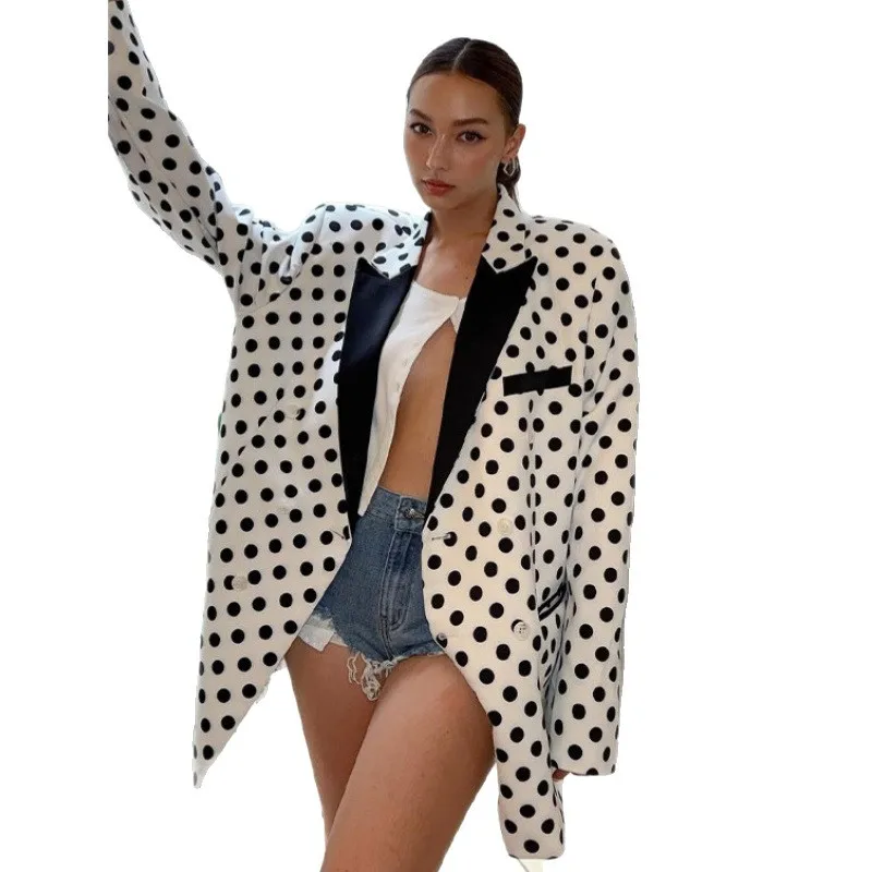 A New Loose Color-blocking Lapel Long-sleeved Polka Dot Loose Casual Suit Jacket with European American Style for Autumn Coat