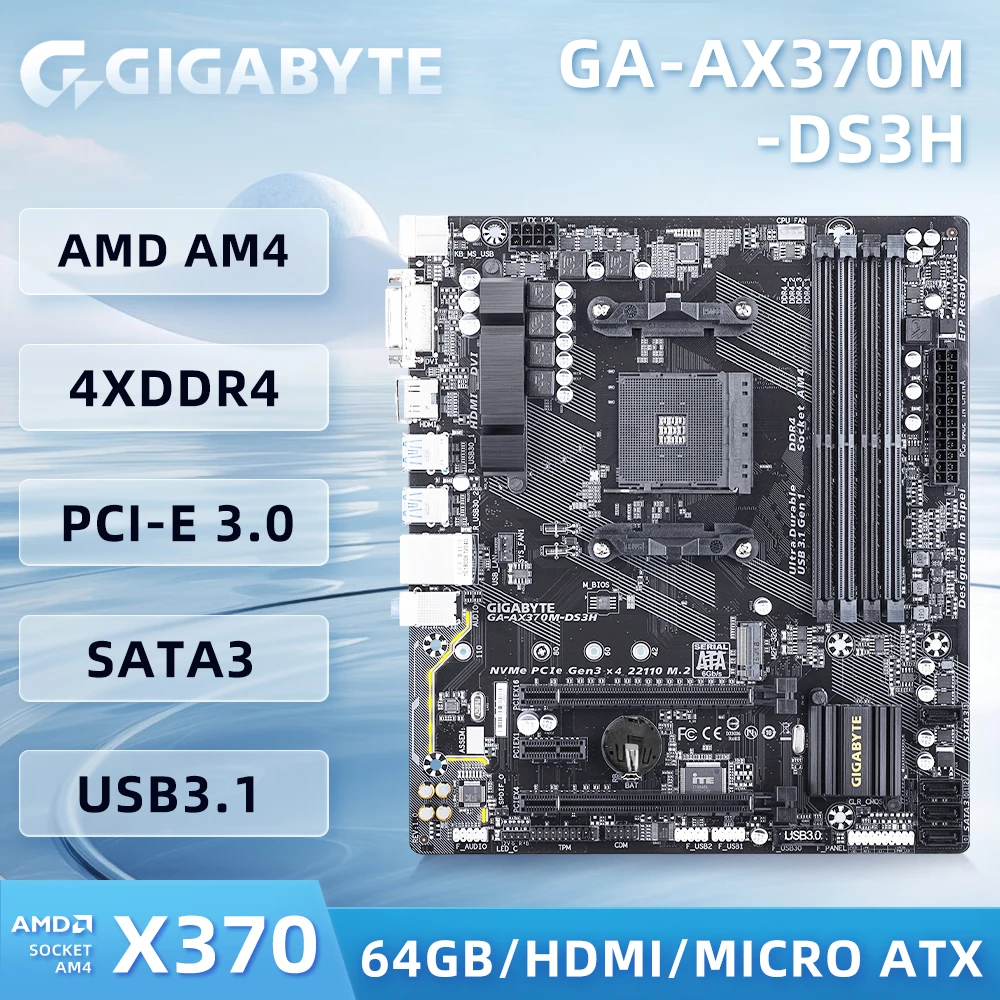 

Used Gigabyte GA-AX370M-DS3H motherboard AM4 Socket Supports AMD 5000 Series AMD X370 DDR4 32 GB HDMI M.2 SATA 6Gb/s DVI-D