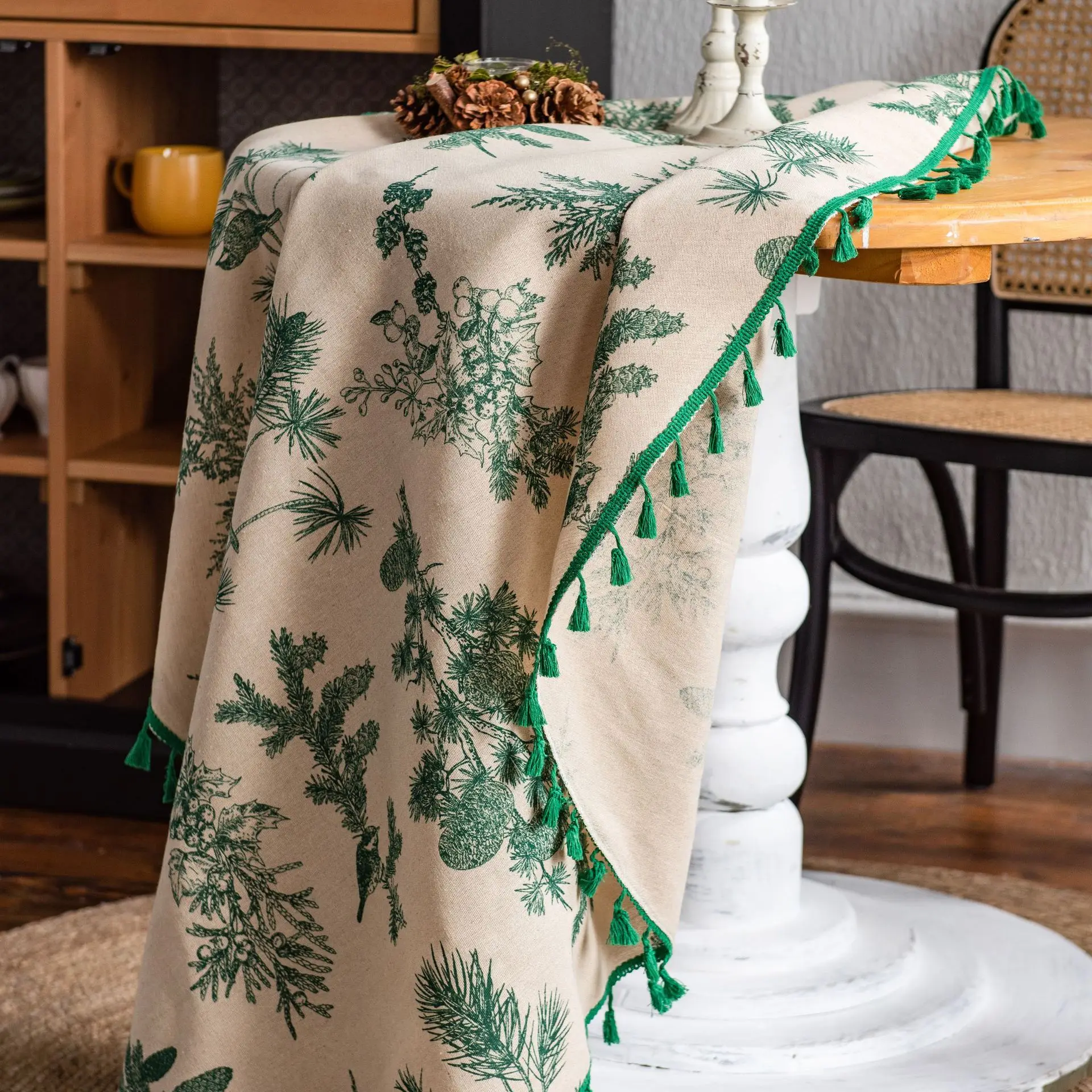 Home Cotton Linen Tablecloth Green Pine Branch Printed Dining Table Cloth Round Tea Tablecolth Kitchen Party Decoration