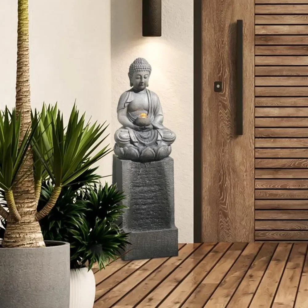 Resin Meditating Buddha on Column Patio Fountain with LED Lights, Zen Water Fountain Decor for Garden Fold Court Backyard Deck