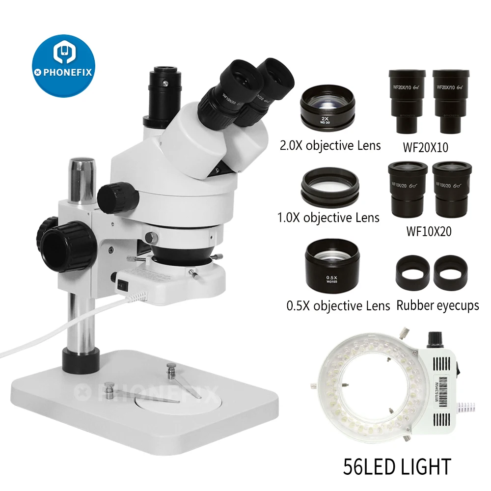 プロ3.5X-180Xテーブル柱スタンドズーム三眼実体顕微鏡pcb修理microscopio WF20X接眼レンズ56 ledライト