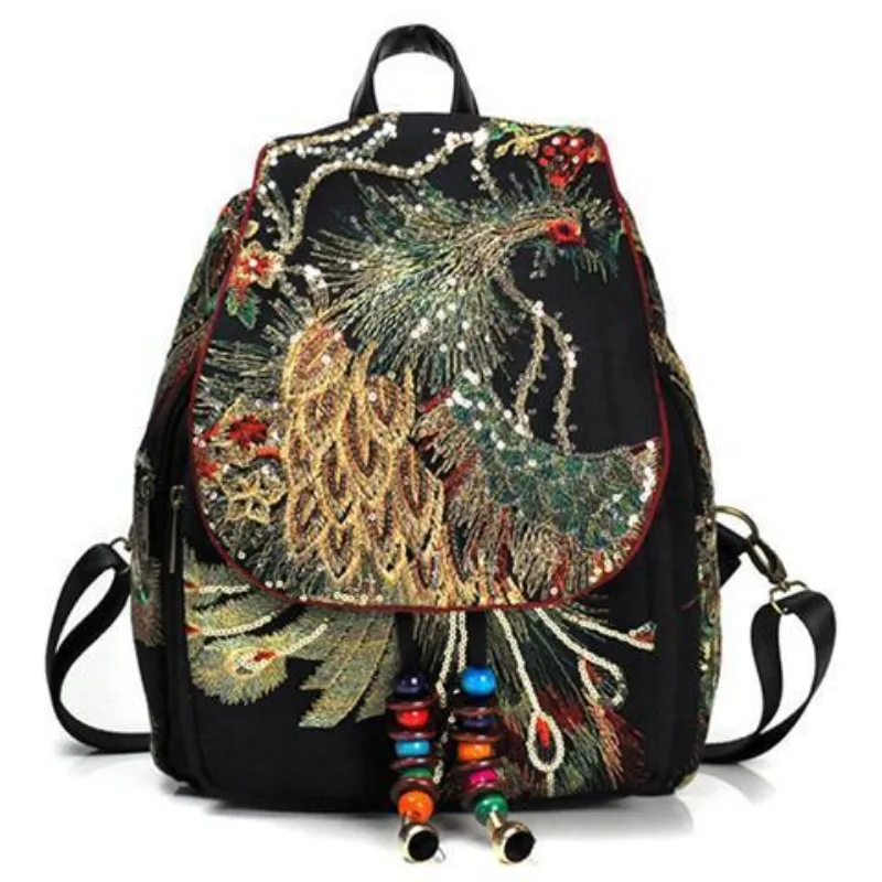 

New Backpack Bags Yunnan Ethnic Style Embroidery Women's Bags Peacock Embroidered Canvas High Value Exquisite Women's Backpack