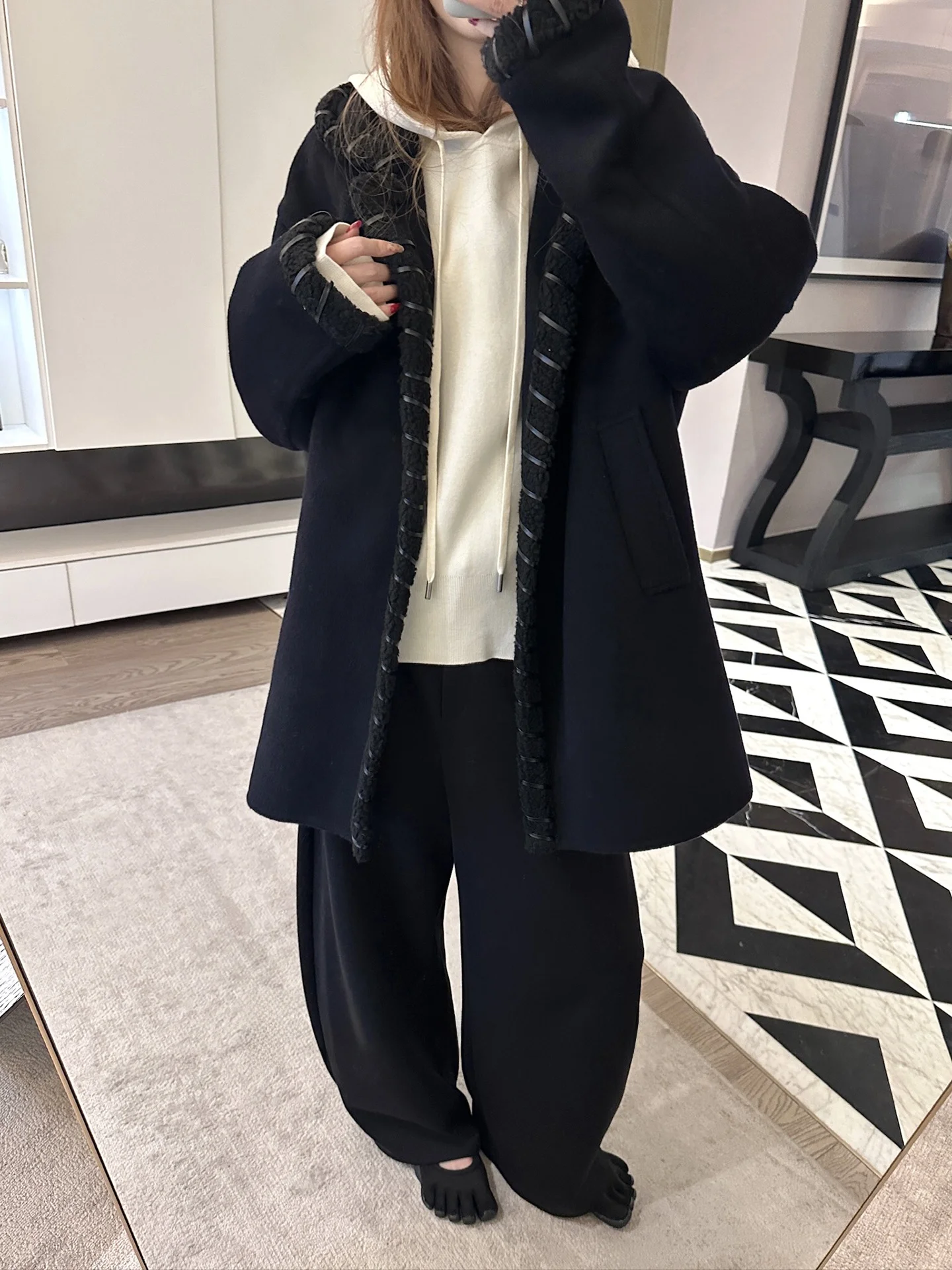 

Handmade Double-sided Woolen Coat Fighter Fly F Attidue Long Medium Length Leather Strip Bone Tead Women's Thi Winter Jaet