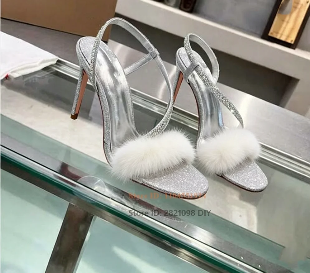 Sandalias de Tacón Alto con Plataforma y Tiras de Cristal Plateado para Mujer, con Detalles Brillantes y de Piel Sintética, 12/10 cm