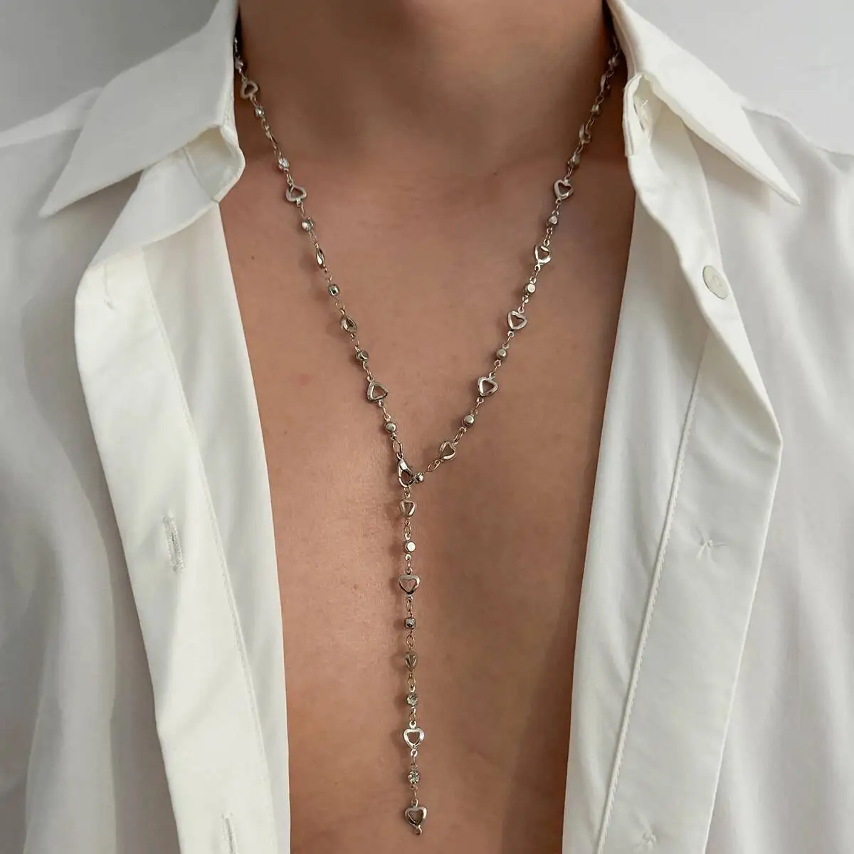 

SHIXIN Simple Y-shaped Pendant Long Necklace for Men HipHop Rhinestone Heart Chain Choker Sweater Chain 2025 Trendy Neck Jewelry